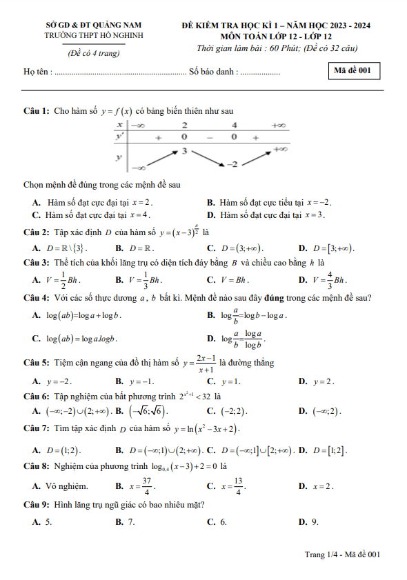 Đề học kì 1 Toán 12 năm 2023 2024 trường THPT Hồ Nghinh Quảng Nam