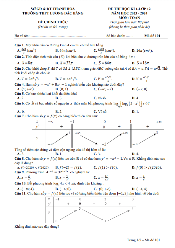 Đề học kì 1 Toán 12 năm 2023 2024 trường THPT Lương Đắc Bằng Thanh Hóa