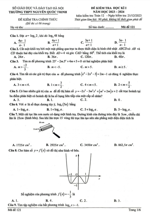Đề học kì 1 Toán 12 năm 2023 2024 trường THPT Nguyễn Quốc Trinh Hà Nội