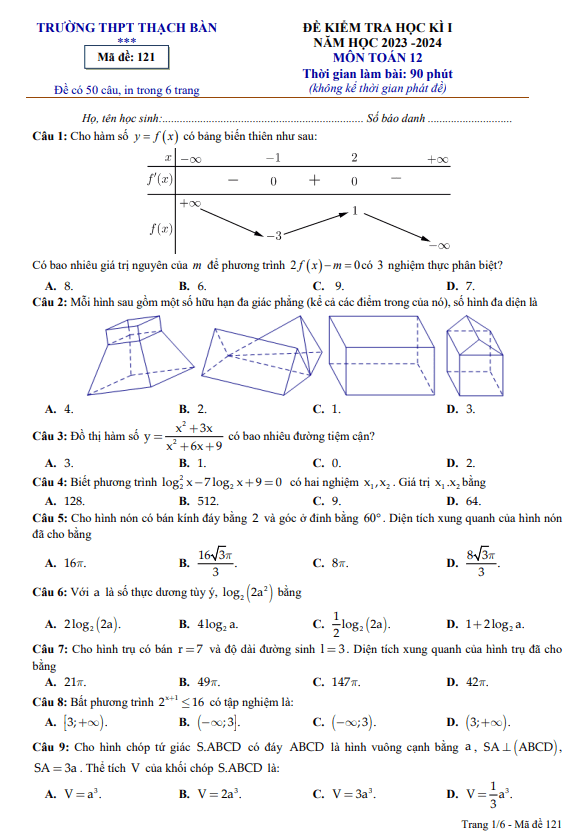 Đề học kì 1 Toán 12 năm 2023 2024 trường THPT Thạch Bàn Hà Nội