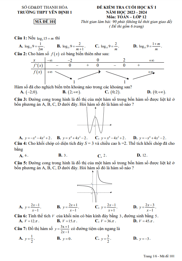 Đề học kì 1 Toán 12 năm 2023 2024 trường THPT Yên Định 1 Thanh Hóa