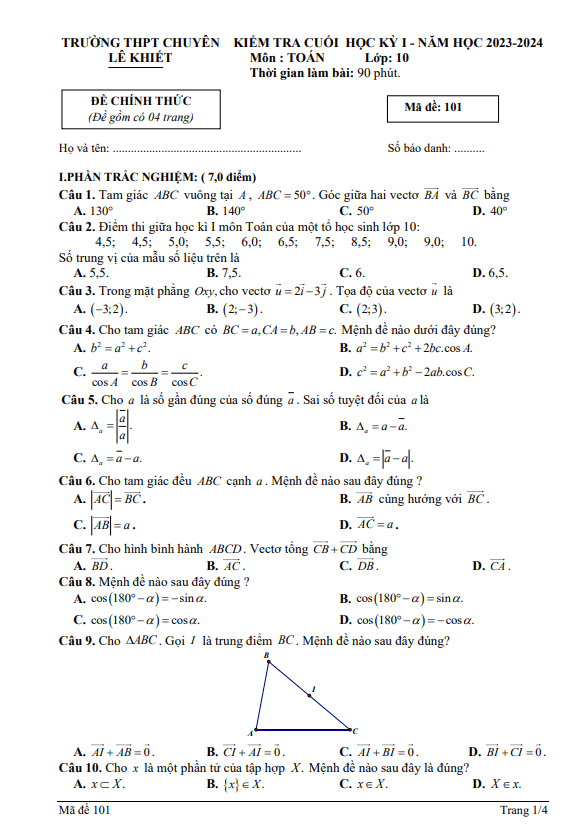 Đề học kỳ 1 Toán 10 năm 2023 2024 trường chuyên Lê Khiết Quảng Ngãi