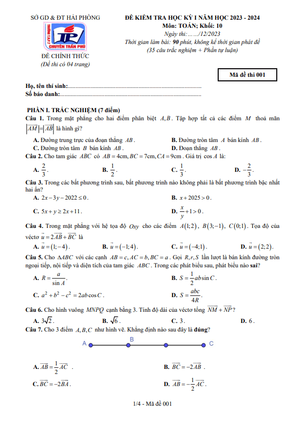Đề học kỳ 1 Toán 10 năm 2023 2024 trường chuyên Trần Phú Hải Phòng