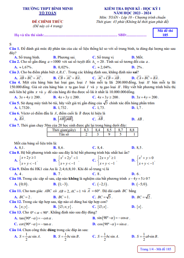Đề học kỳ 1 Toán 10 năm 2023 2024 trường THPT Bình Minh Vĩnh Long