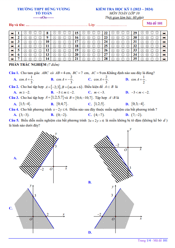 Đề học kỳ 1 Toán 10 năm 2023 2024 trường THPT Hùng Vương Bình Thuận