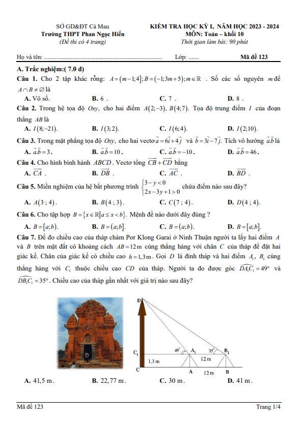 Đề học kỳ 1 Toán 10 năm 2023 2024 trường THPT Phan Ngọc Hiển Cà Mau