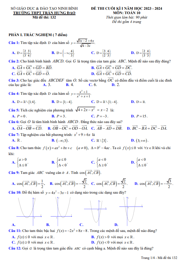 Đề học kỳ 1 Toán 10 năm 2023 2024 trường THPT Trần Hưng Đạo Ninh Bình