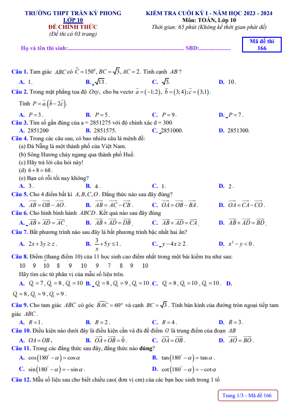 Đề học kỳ 1 Toán 10 năm 2023 2024 trường THPT Trần Kỳ Phong Quảng Ngãi
