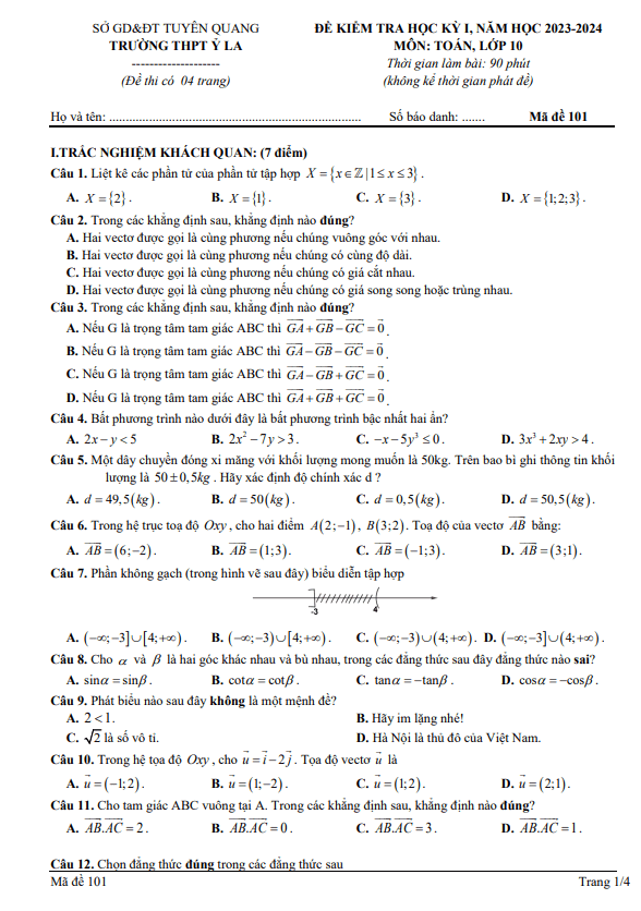 Đề học kỳ 1 Toán 10 năm 2023 2024 trường THPT Ỷ La Tuyên Quang