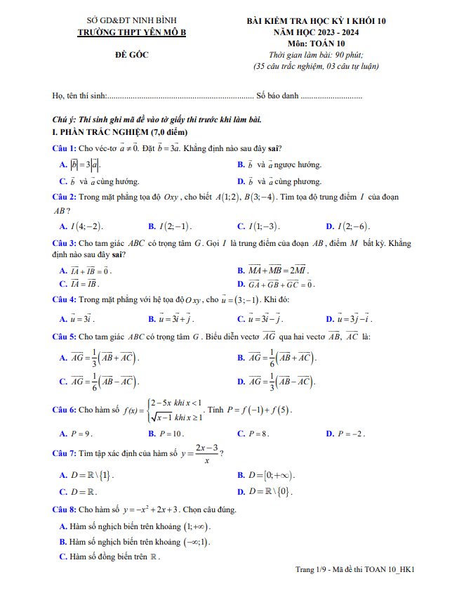 Đề học kỳ 1 Toán 10 năm 2023 2024 trường THPT Yên Mô B Ninh Bình