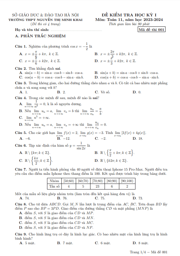 Đề học kỳ 1 Toán 11 năm 2023 2024 trường Nguyễn Thị Minh Khai Hà Nội