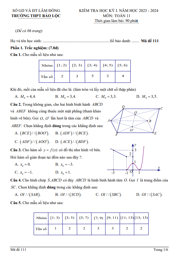 Đề học kỳ 1 Toán 11 năm 2023 2024 trường THPT Bảo Lộc Lâm Đồng