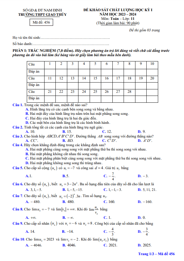 Đề học kỳ 1 Toán 11 năm 2023 2024 trường THPT Giao Thủy Nam Định