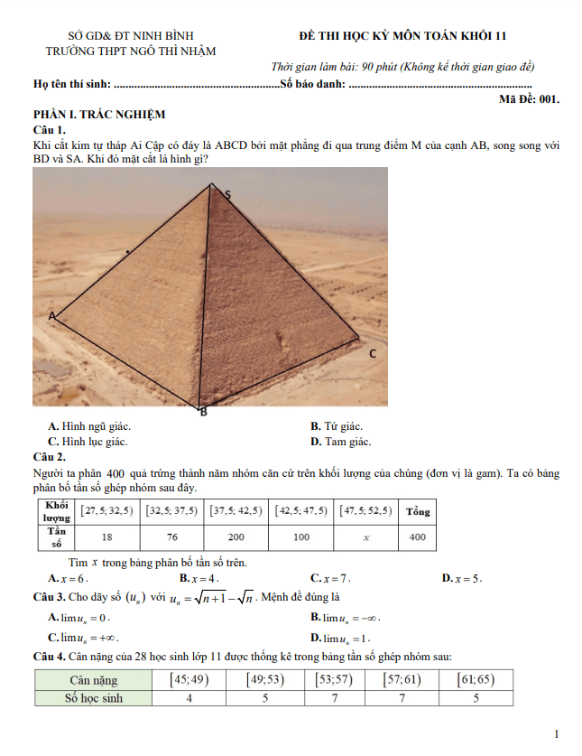 Đề học kỳ 1 Toán 11 năm 2023 2024 trường THPT Ngô Thì Nhậm Ninh Bình