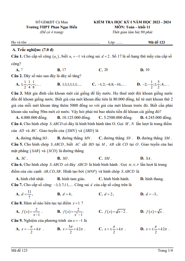 Đề học kỳ 1 Toán 11 năm 2023 2024 trường THPT Phan Ngọc Hiển Cà Mau