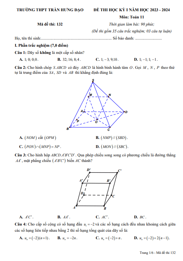 Đề học kỳ 1 Toán 11 năm 2023 2024 trường THPT Trần Hưng Đạo Ninh Bình