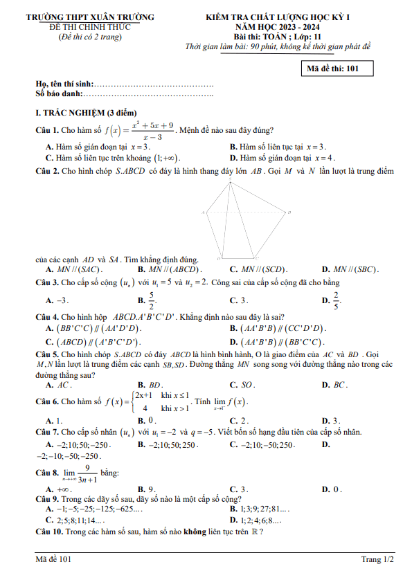 Đề học kỳ 1 Toán 11 năm 2023 2024 trường THPT Xuân Trường Nam Định