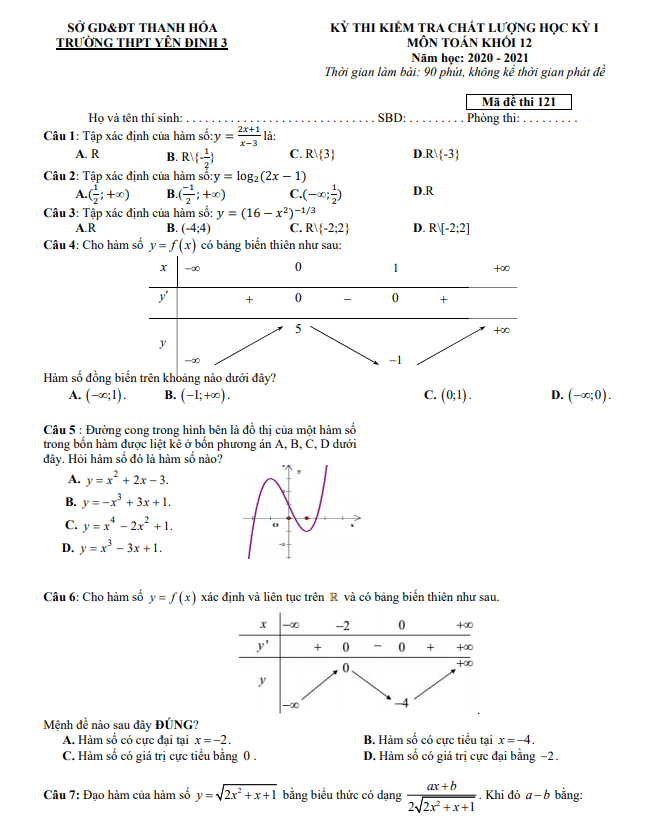 Đề học kỳ 1 Toán 12 năm 2020 2021 trường THPT Yên Định 3 Thanh Hóa