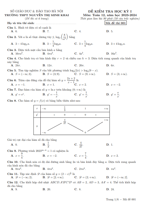 Đề học kỳ 1 Toán 12 năm 2023 2024 trường Nguyễn Thị Minh Khai Hà Nội