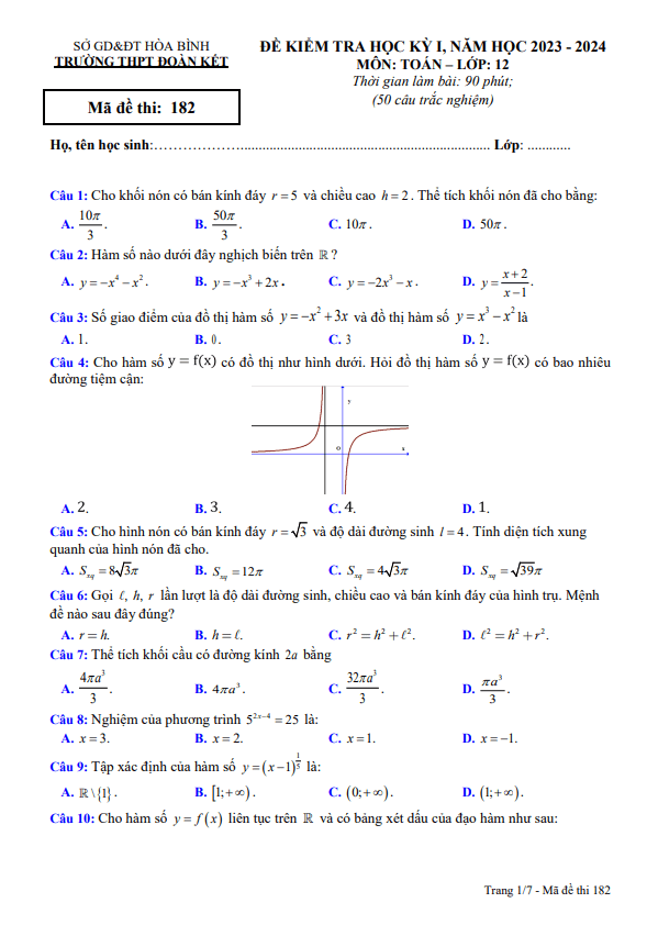 Đề học kỳ 1 Toán 12 năm 2023 2024 trường THPT Đoàn Kết Hòa Bình