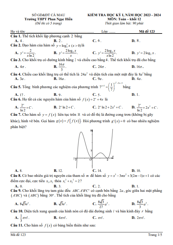 Đề học kỳ 1 Toán 12 năm 2023 2024 trường THPT Phan Ngọc Hiển Cà Mau