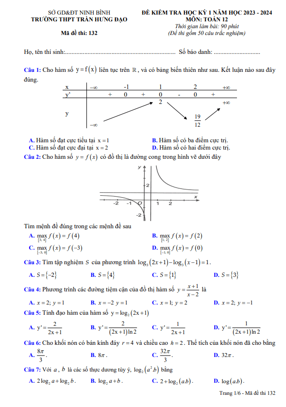 Đề học kỳ 1 Toán 12 năm 2023 2024 trường THPT Trần Hưng Đạo Ninh Bình