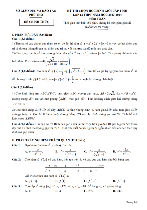 Đề học sinh giỏi cấp tỉnh Toán 12 năm 2023 2024 sở GD&ĐT Phú Thọ