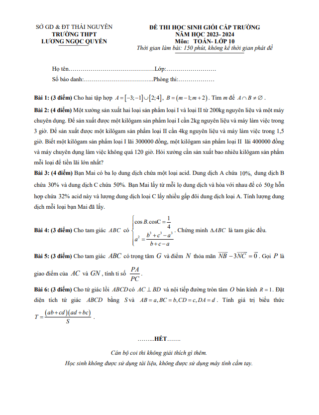 Đề học sinh giỏi Toán 10 năm 2023 2024 trường THPT Lương Ngọc Quyến Thái Nguyên