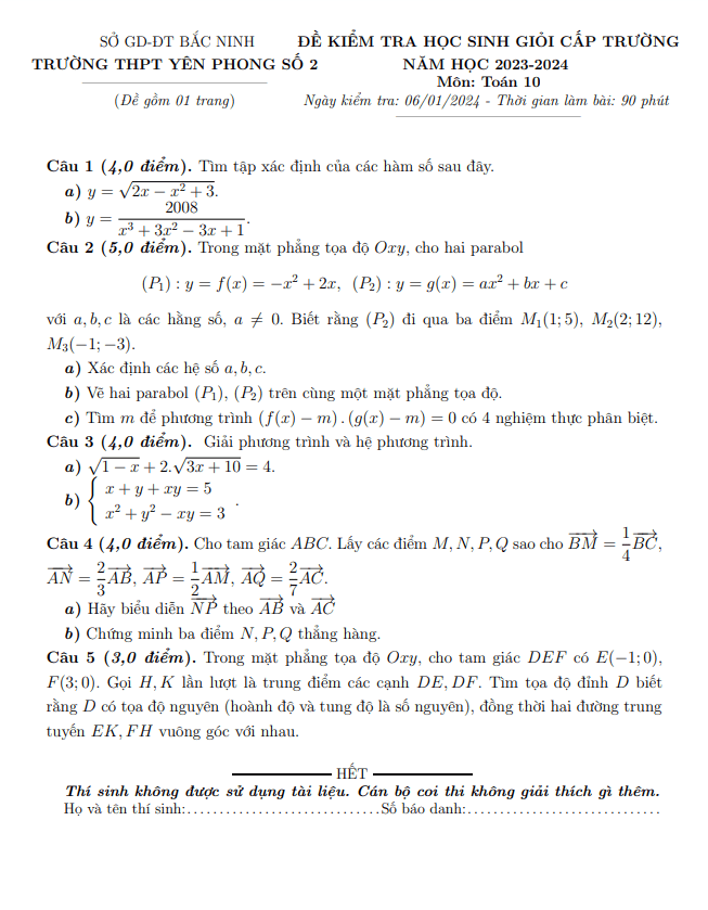 Đề học sinh giỏi Toán 10 năm 2023 2024 trường THPT Yên Phong 2 Bắc Ninh