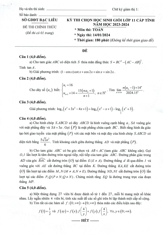 Đề học sinh giỏi Toán 11 cấp tỉnh năm 2023 2024 sở GD&ĐT Bạc Liêu