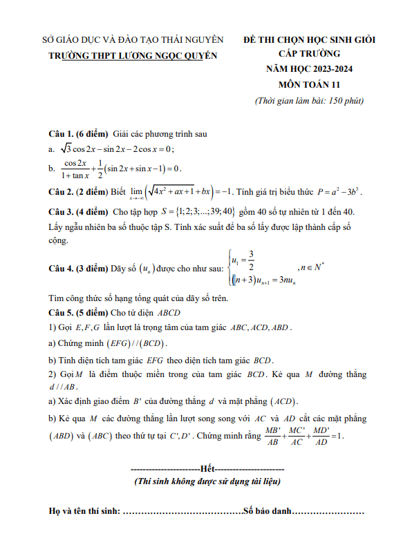 Đề học sinh giỏi Toán 11 năm 2023 2024 trường THPT Lương Ngọc Quyến Thái Nguyên