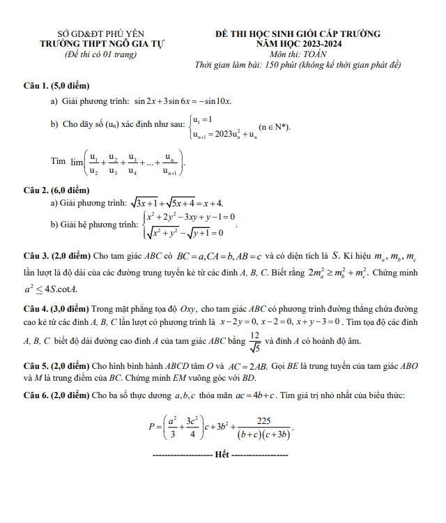 Đề học sinh giỏi Toán 11 năm 2023 2024 trường THPT Ngô Gia Tự Phú Yên