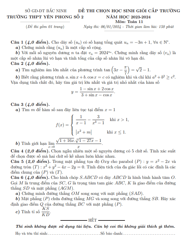 Đề học sinh giỏi Toán 11 năm 2023 2024 trường THPT Yên Phong 2 Bắc Ninh