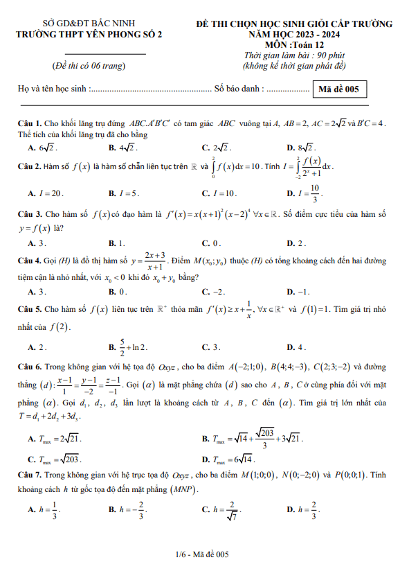Đề học sinh giỏi Toán 12 năm 2023 2024 trường THPT Yên Phong 2 Bắc Ninh