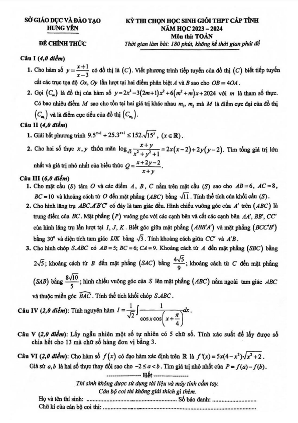 Đề học sinh giỏi Toán THPT cấp tỉnh năm 2023 2024 sở GD&ĐT Hưng Yên