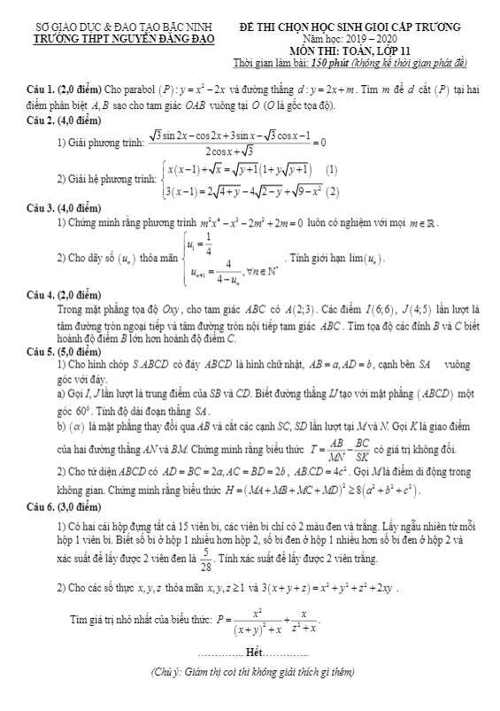 Đề HSG Toán 11 cấp trường năm 2019 2020 trường Nguyễn Đăng Đạo Bắc Ninh
