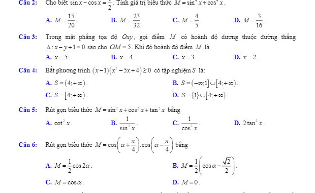 Đề kết thúc HK2 Toán 10 năm 2019 2020 trường THPT Quang Trung Hà Nội