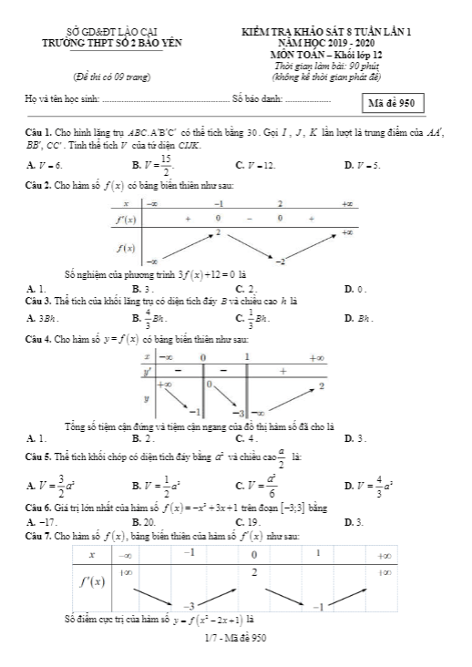 Đề khảo sát 8 tuần lần 1 Toán 12 năm 2019 2020 trường Bảo Yên 2 Lào Cai
