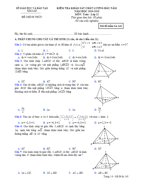 Đề khảo sát chất lượng đầu năm Toán 12 năm 2019 2020 sở GD&ĐT Gia Lai