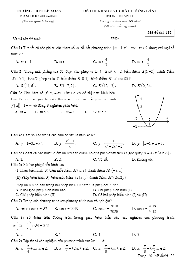 Đề khảo sát chất lượng lần 1 Toán 11 năm 2019 2020 trường Lê Xoay Vĩnh Phúc