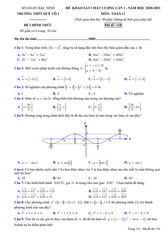 Đề khảo sát chất lượng lần 1 Toán 11 năm 2020 2021 trường Quế Võ 1 Bắc Ninh