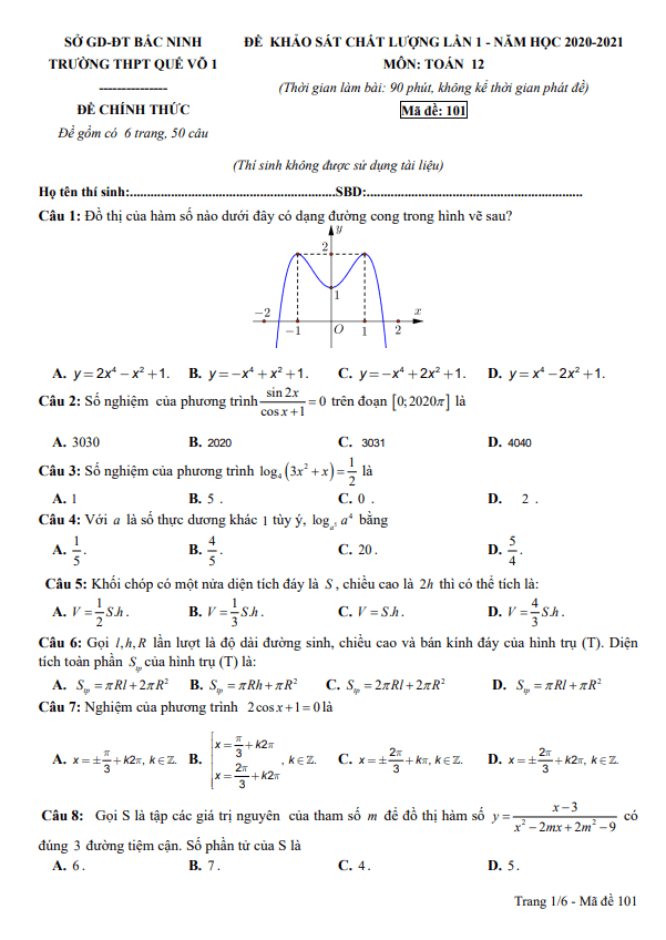 Đề khảo sát chất lượng lần 1 Toán 12 năm 2020 2021 trường Quế Võ 1 Bắc Ninh