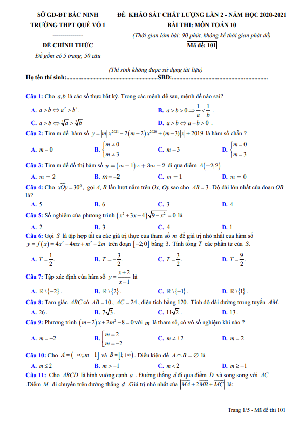 Đề khảo sát chất lượng lần 2 Toán 10 năm 2020 2021 trường Quế Võ 1 Bắc Ninh