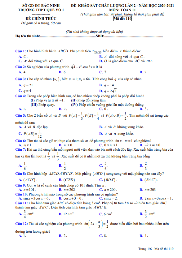 Đề khảo sát chất lượng lần 2 Toán 11 năm 2020 2021 trường Quế Võ 1 Bắc Ninh