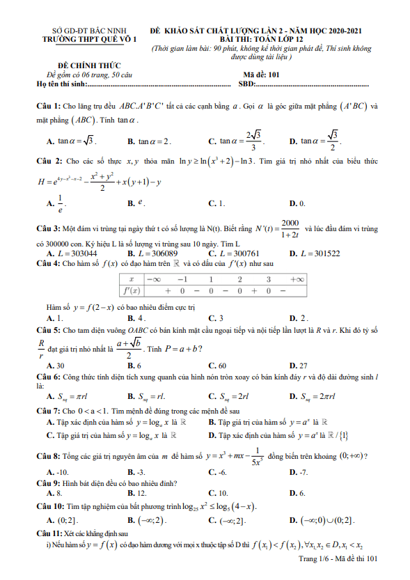 Đề khảo sát chất lượng lần 2 Toán 12 năm 2020 2021 trường Quế Võ 1 Bắc Ninh