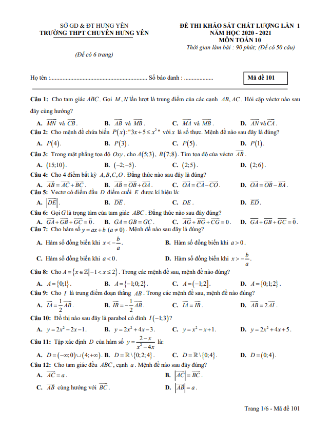 Đề khảo sát chất lượng Toán 10 lần 1 năm 2020 2021 trường THPT chuyên Hưng Yên