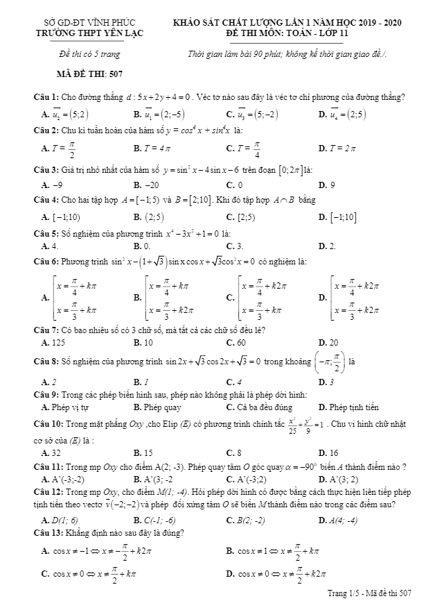 Đề khảo sát chất lượng Toán 11 lần 1 năm 2019 2020 trường Yên Lạc Vĩnh Phúc