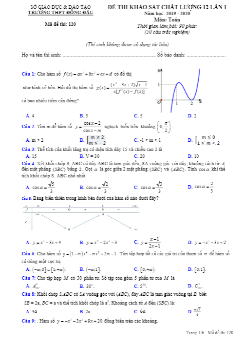 Đề khảo sát chất lượng Toán 12 lần 1 năm 2019 2020 trường Đồng Đậu Vĩnh Phúc