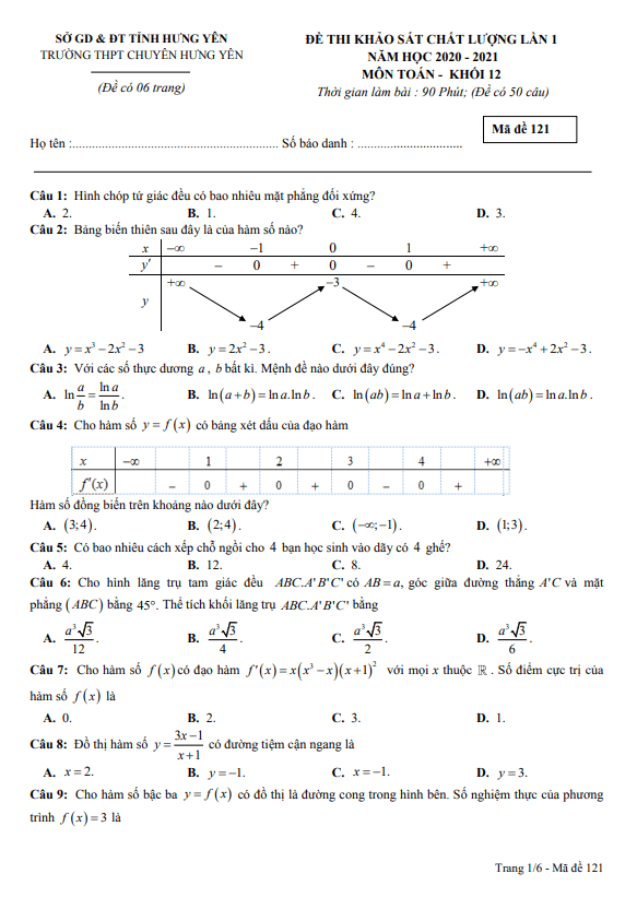 Đề khảo sát chất lượng Toán 12 lần 1 năm 2020 2021 trường THPT chuyên Hưng Yên