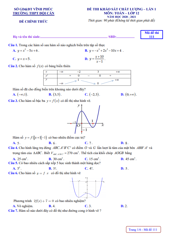 Đề khảo sát chất lượng Toán 12 lần 1 năm 2020 2021 trường THPT Đội Cấn Vĩnh Phúc